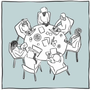 Zeichnung von Menschen, die um einen runden Tisch sitzen und arbeiten.